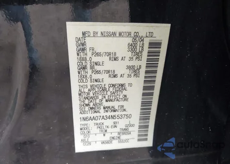 2004 Nissan Titan Se z USA, uszkodzony, nr VIN 1N6AA07A34N553750